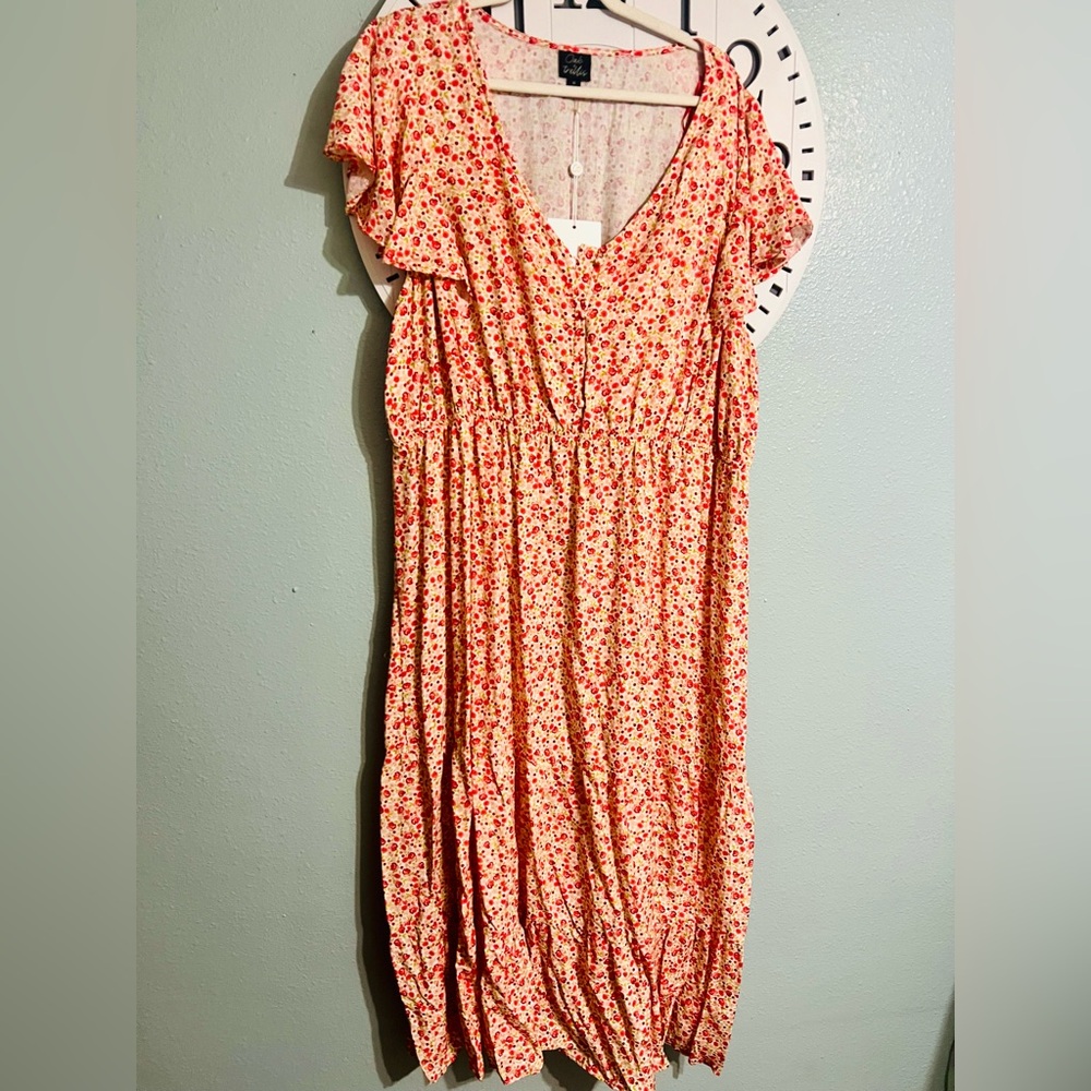 Floral Red Dress with Ruffle Sleeves